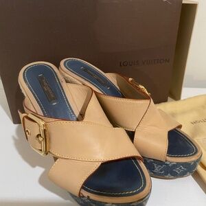Authentic LOUIS VUITTON LV size 38 Monogram Denim Leather Espadrilles sandals
